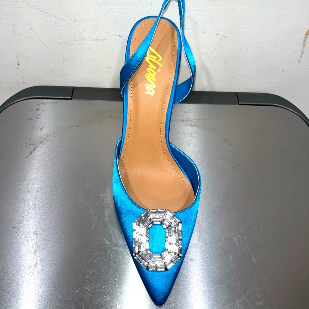 Turquoise blue satin slingback rhinestone heels